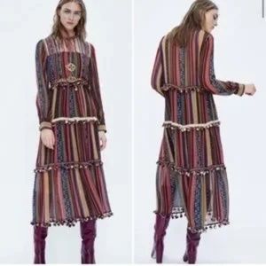 Zara Long Bohemian style pom-pom dress - size SMALL
